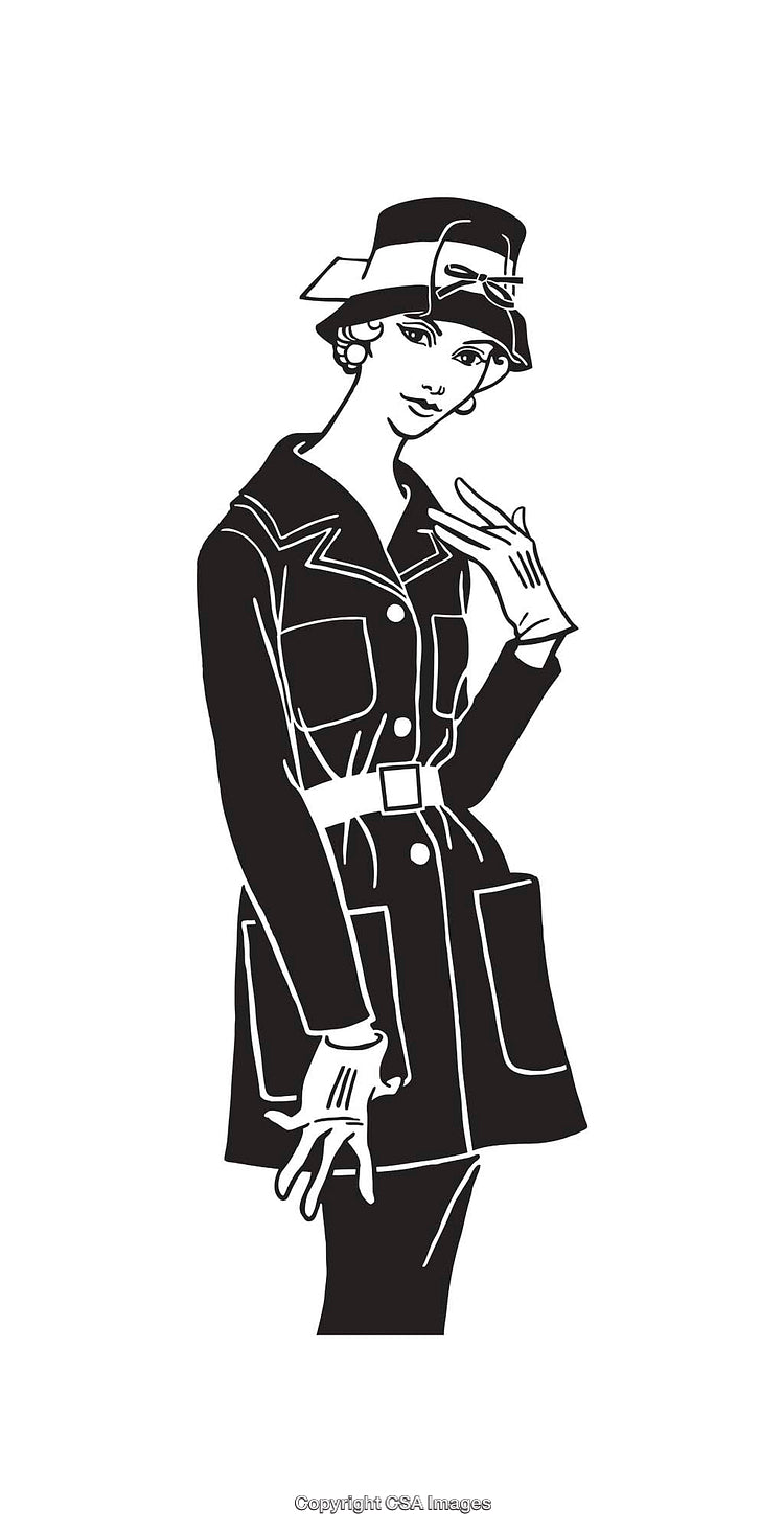 Elegant Woman in Vintage Line Art Illustration with Fashionable Style