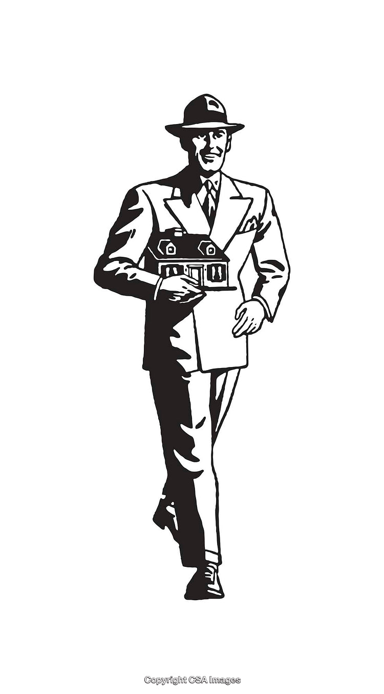 Retro Styled Black and White Illustration of a Businessman Holding a House Model