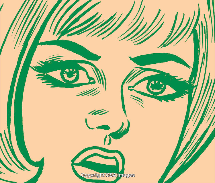 Vintage Comic Style Illustration of a Surprised Female Character in Green Ink