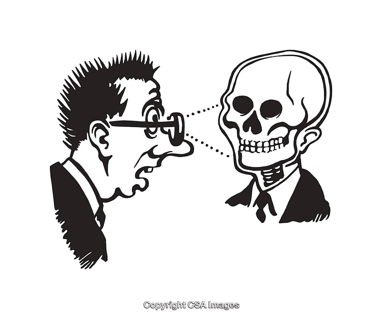 Black and White Line Art of a Man Seeing a Skeletal Reflection