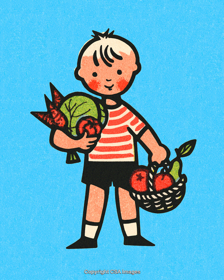 Illustration of a Smiling Boy Carrying Fresh Vegetables and Fruits