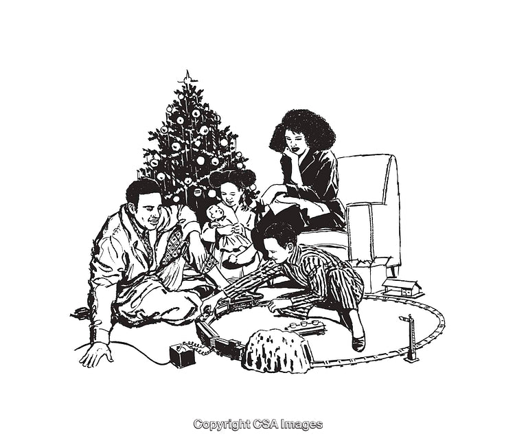 Family Enjoying Holiday Cheer Around Christmas Tree and Train Set