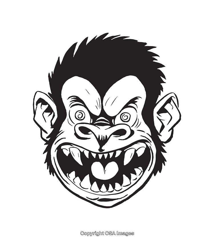 Black and White Line Art Angry Gorilla Head Illustration