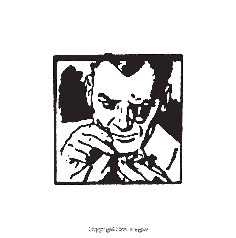 Black and White Line Drawing of Man Examining Object