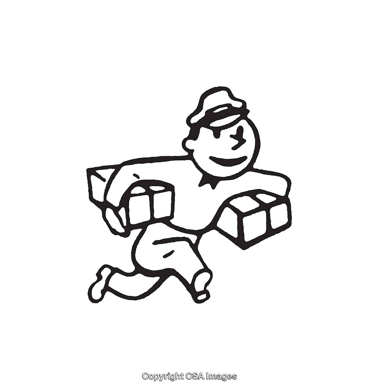 Black and White Line Art of Courier Holding Boxes