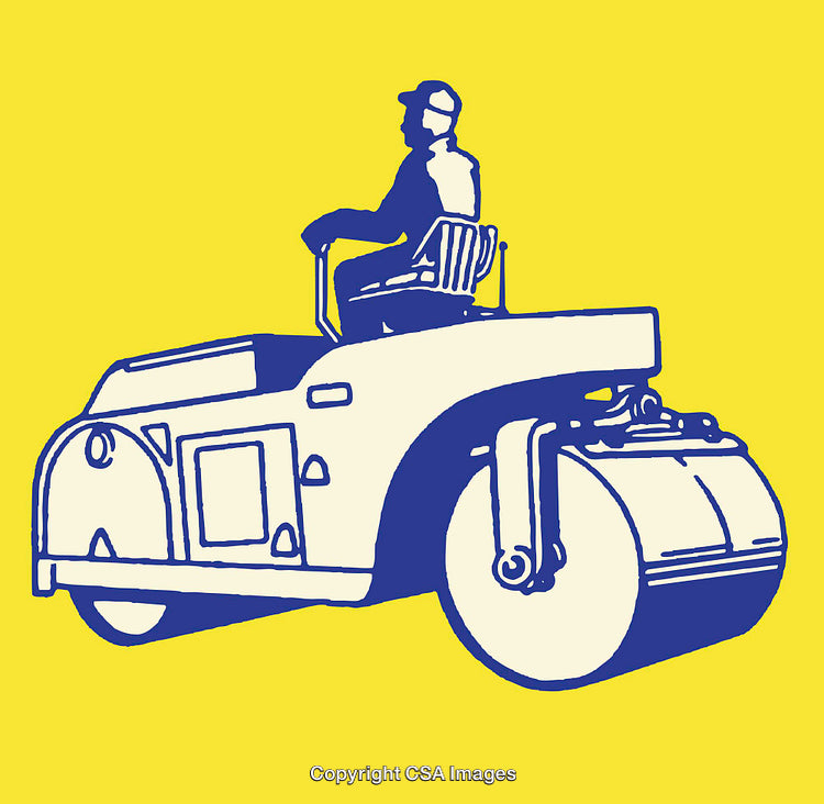 Colorful Line Art Illustration of a Worker Operating a Road Roller
