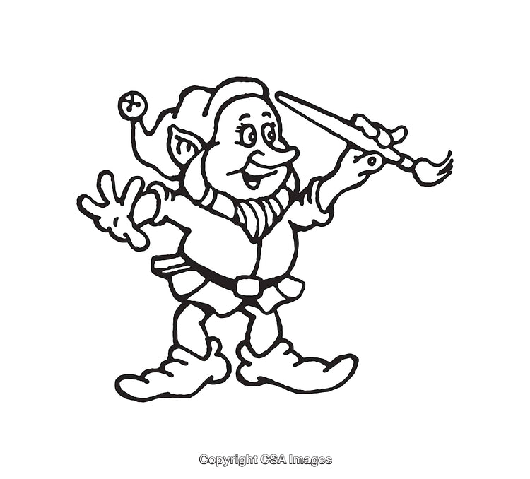 Black And White Line Art of a Joyful Elf Holding a Paintbrush