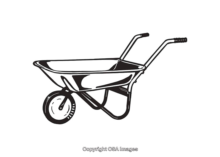 Black and White Line Art Illustration of a Wheelbarrow