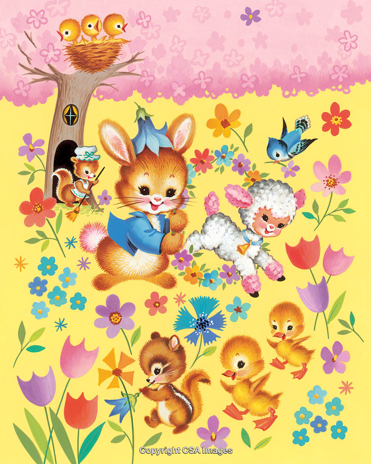 Playful Cartoon Animals Enjoying a Beautiful Floral Spring Outdoors Scene