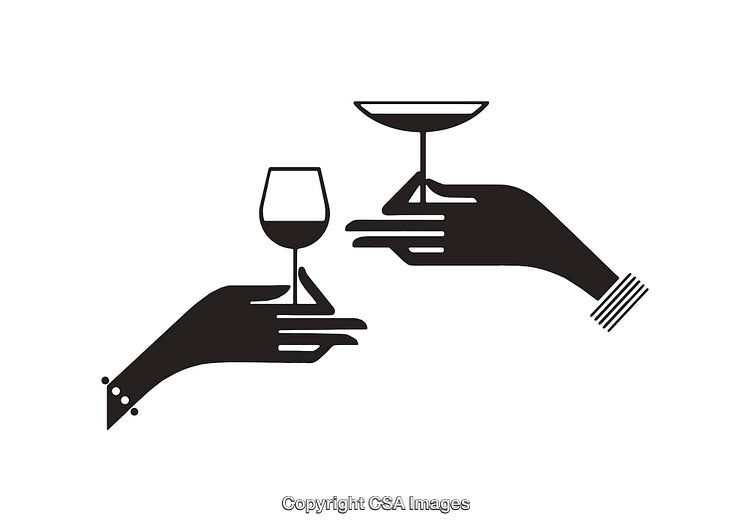 Black and White Illustration of Hands Holding Wine Glasses in a Toast