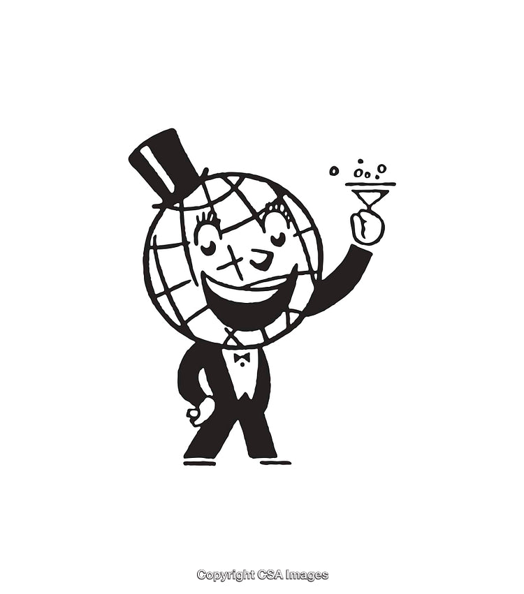 Black and White Line Art of Anthropomorphic Globe Character in Formal Attire