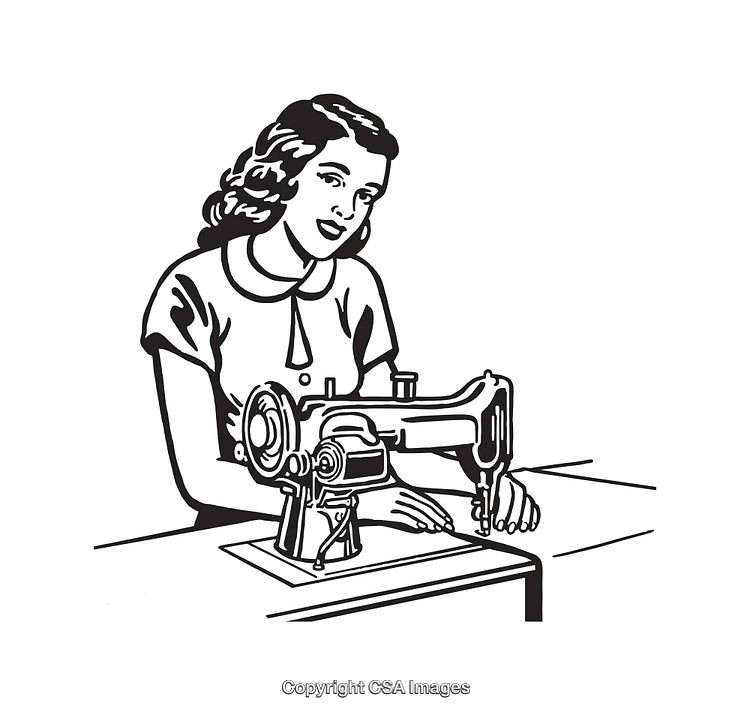 Vintage Sewing Scene with a Smiling Woman Using a Sewing Machine