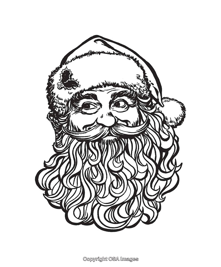Traditional Black and White Line Art of Santa Claus Face Drawing