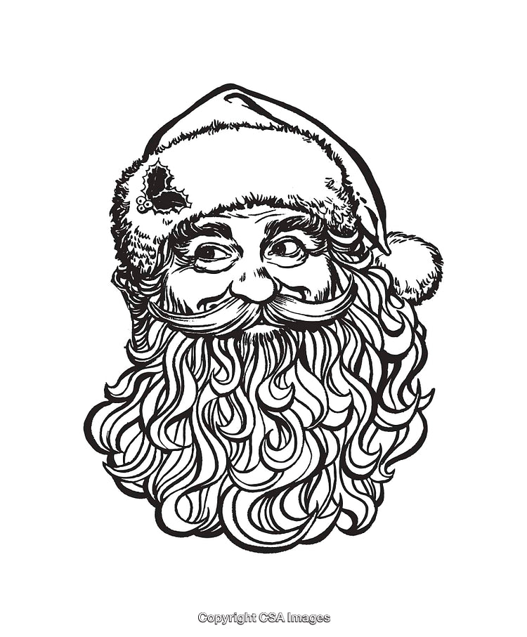Traditional Black and White Line Art of Santa Claus Face Drawing