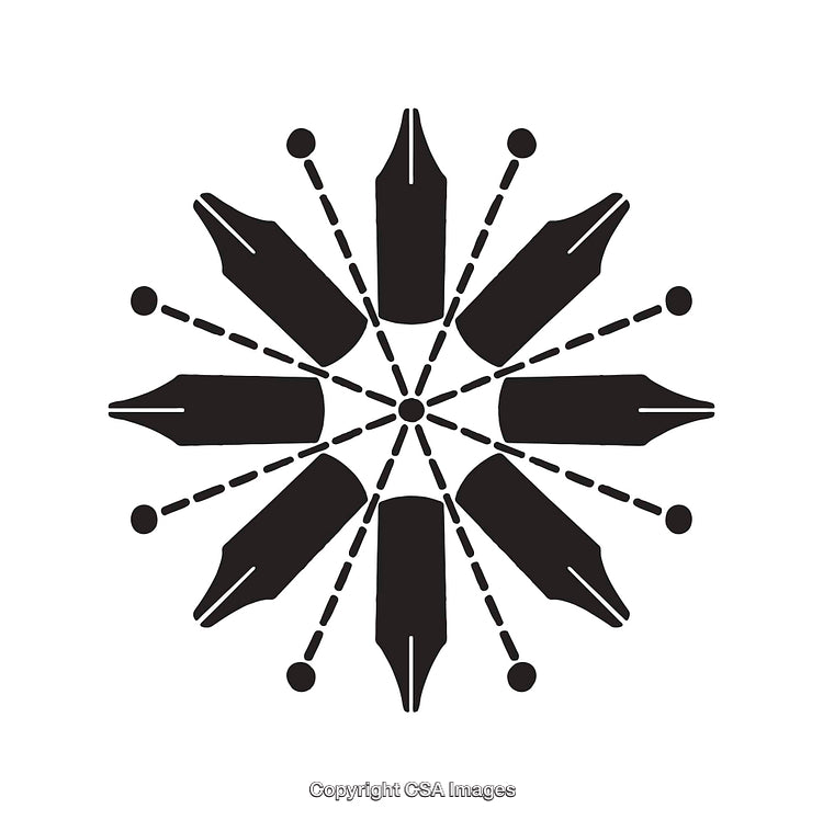 Abstract Fountain Pen Nib Design in Circular Pattern, Black and White Art
