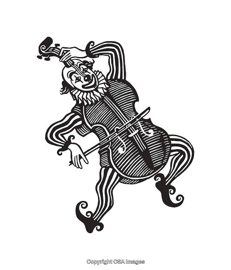 Black and White Vintage Clown Playing Cello Music Illustration