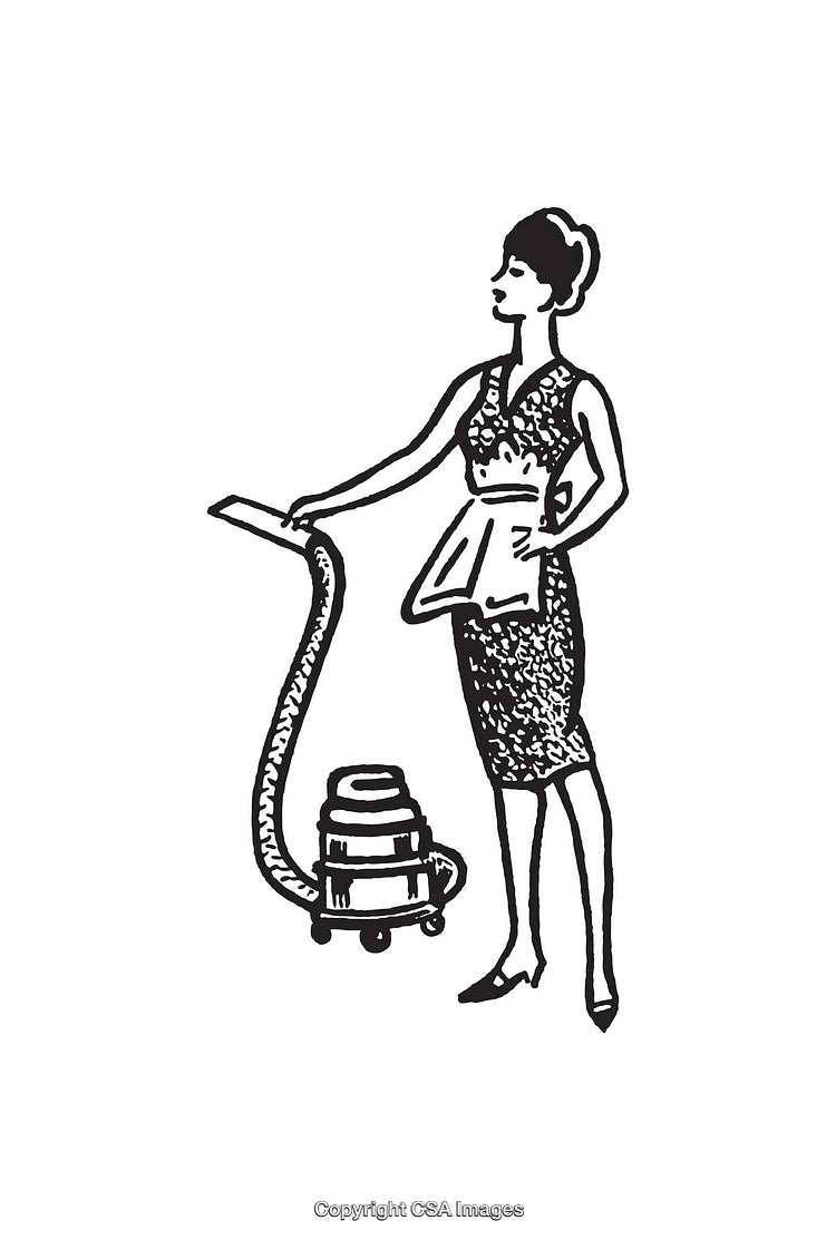Retro Inspired Black And White Illustration of a Woman Vacuuming in a Dress