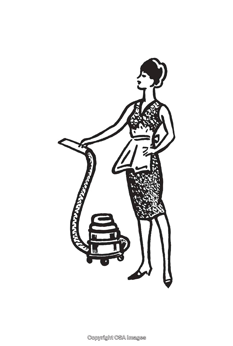 Retro Inspired Black And White Illustration of a Woman Vacuuming in a Dress