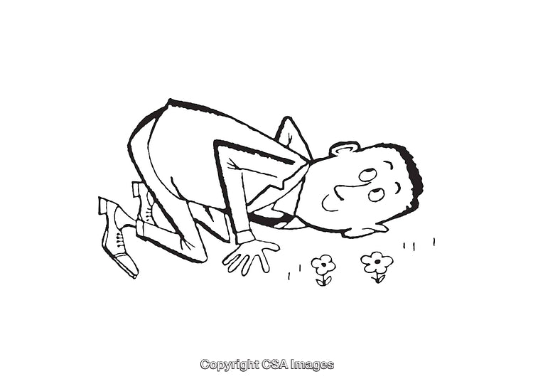 Cartoon Illustration of a Man Observing Flowers on the Ground