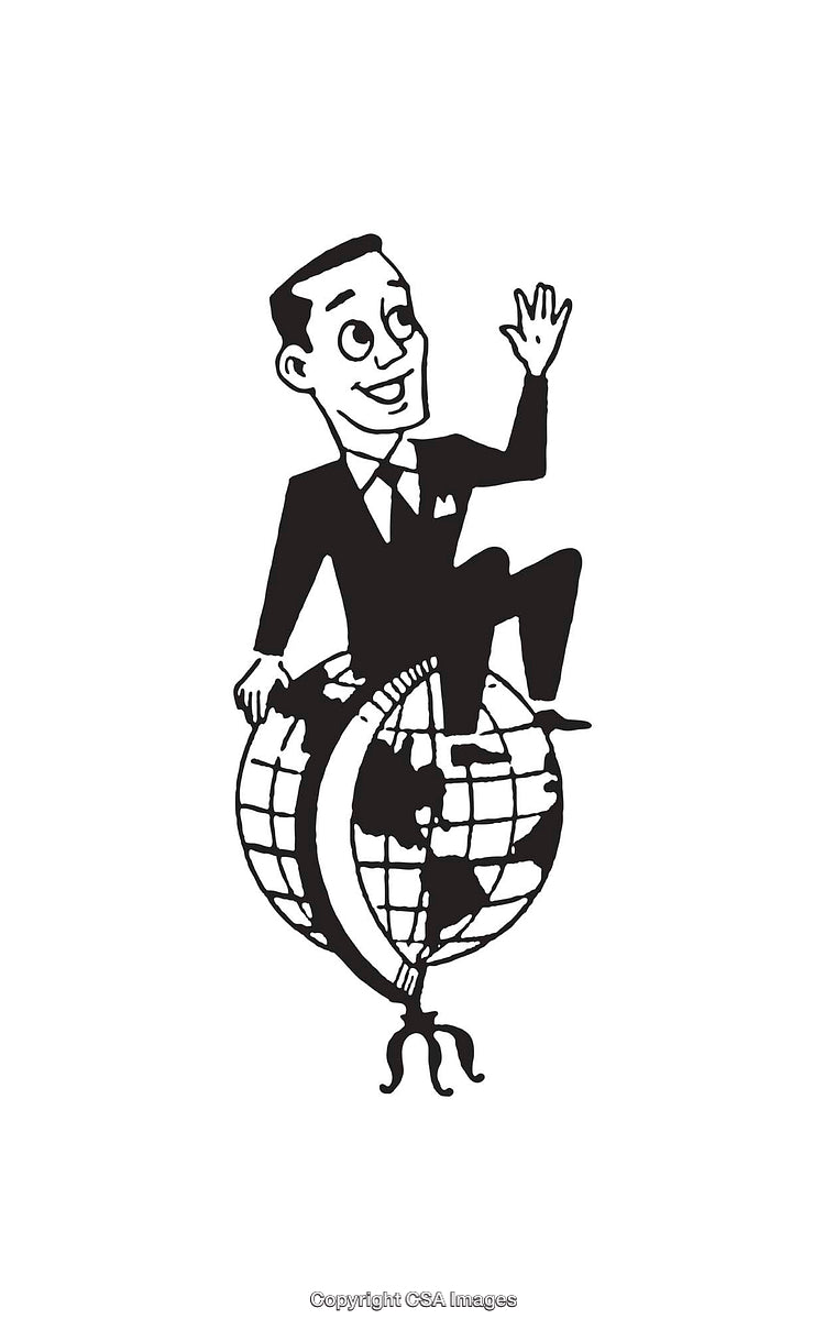 Retro Line Art Illustration of Businessman Sitting on a Globe