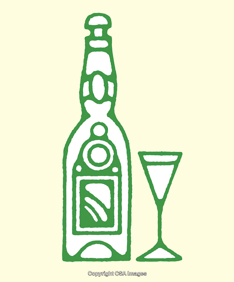 Green Line Art Illustration of a Bottle and Glass on Beige Background