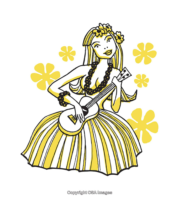 Illustrated Hawaiian Hula Girl Playing Ukulele with Floral Accents