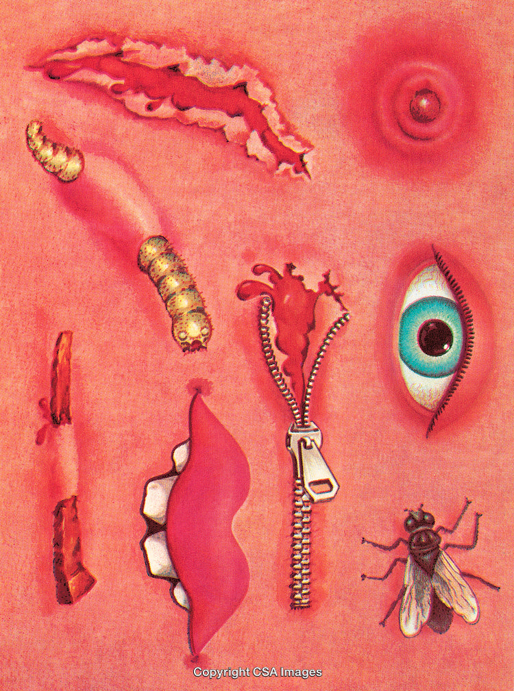 Surreal Abstract Artwork Featuring Eyes, Lips, and Textured Surfaces in Pink Hues