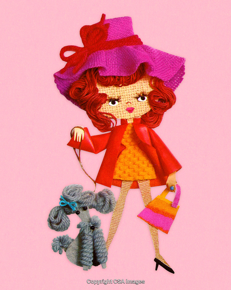 Colorful Illustration of a Stylish Woman Walking a Cute Poodle Dog