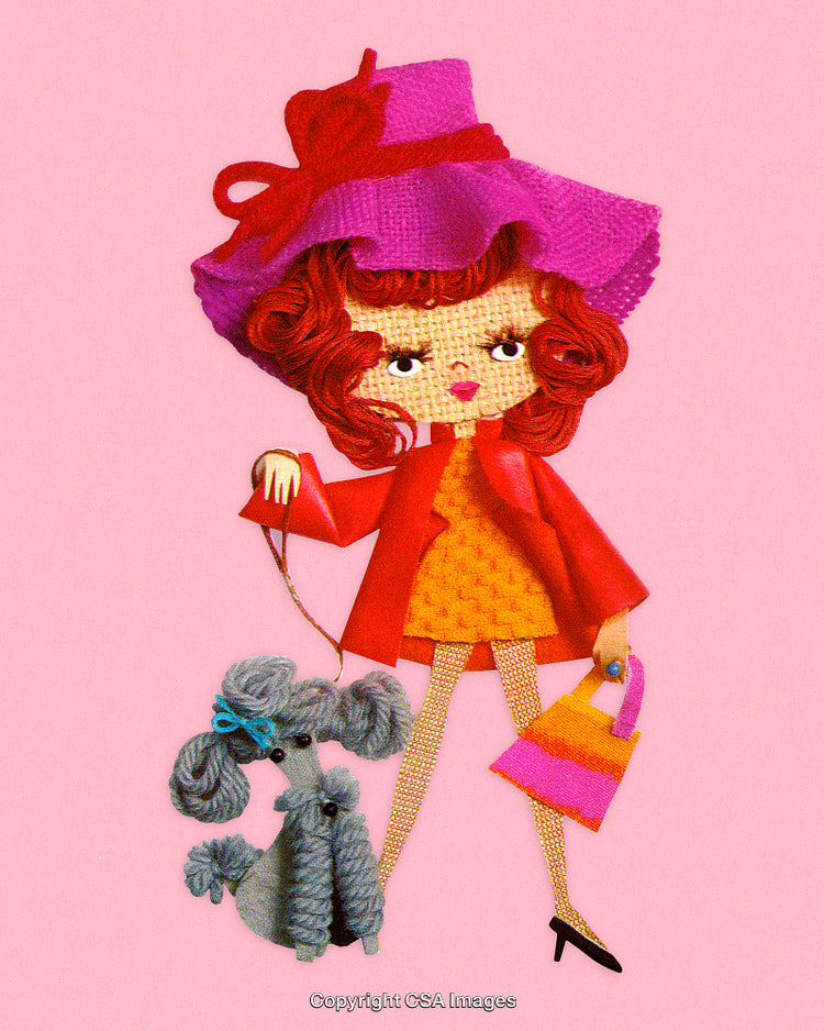 Colorful Illustration of a Stylish Woman Walking a Cute Poodle Dog