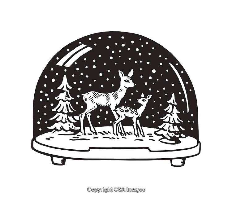 Black and White Deer Family in Snowy Globe Line Art Illustration