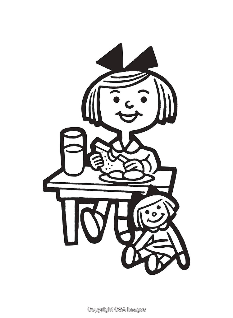 Girl Enjoying Meal With Doll Amid Playful Surroundings in Black and White Illustration