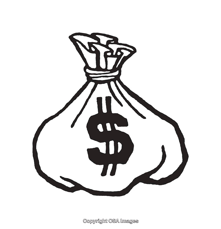 Black and White Line Drawing of a Money Bag with Dollar Sign