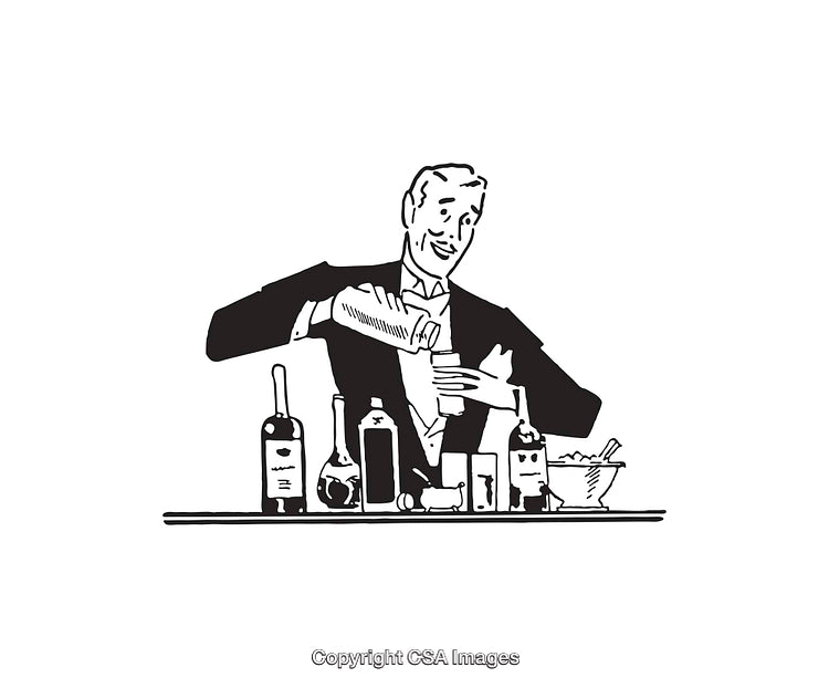 Bartender Mixing Drinks Behind the Bar in an Illustrated Line Art Style