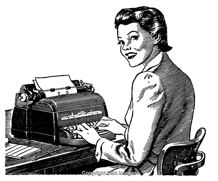 Vintage Black and White Illustration of a Woman Typing on Typewriter