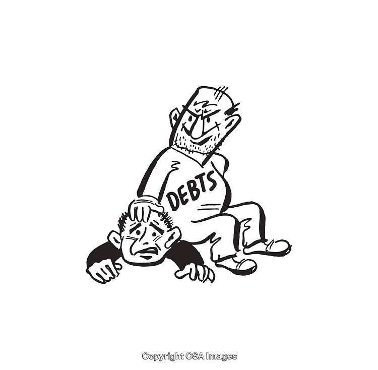 Black and White Illustration Depicting Debt Concept in a Humorous Style