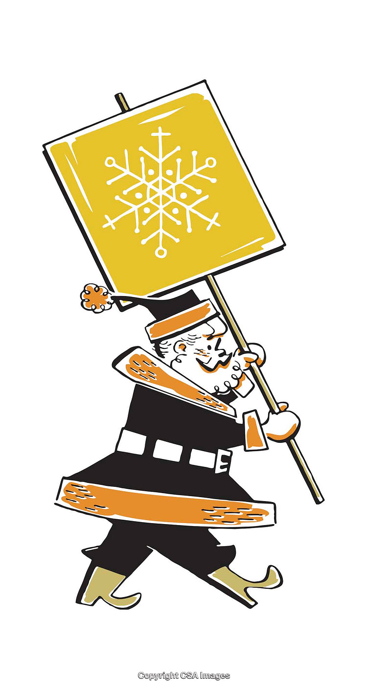 Illustrated Winter Figure Holding a Snowflake Banner with a Cheerful Expression