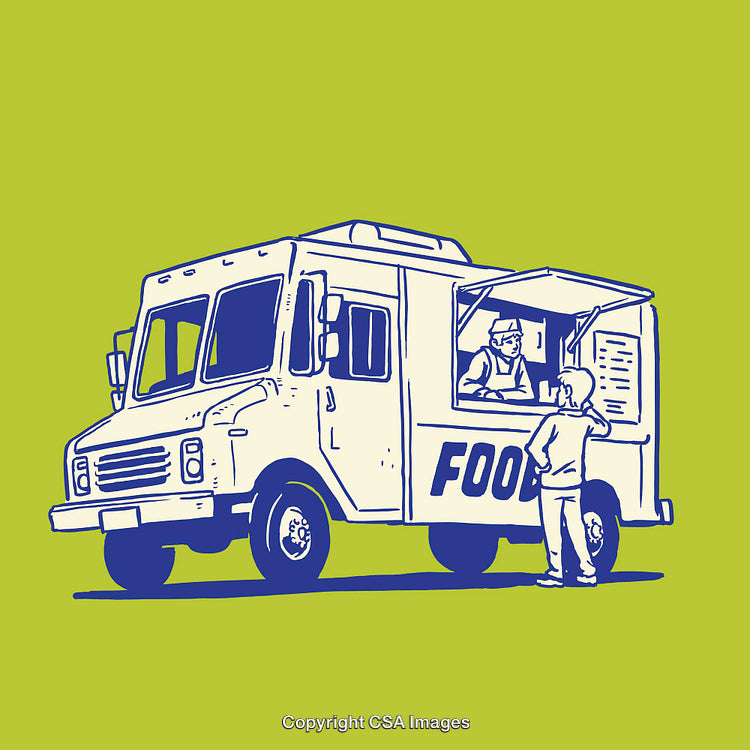 Color Line Art Illustration of a Food Truck Serving Customers