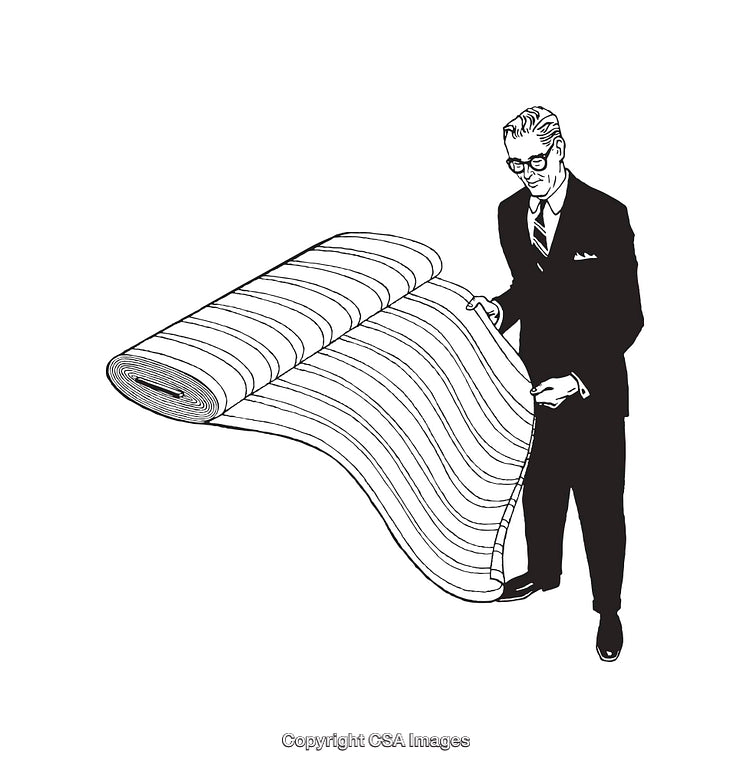 Vintage Line Art of a Man Displaying a Large Fabric Roll