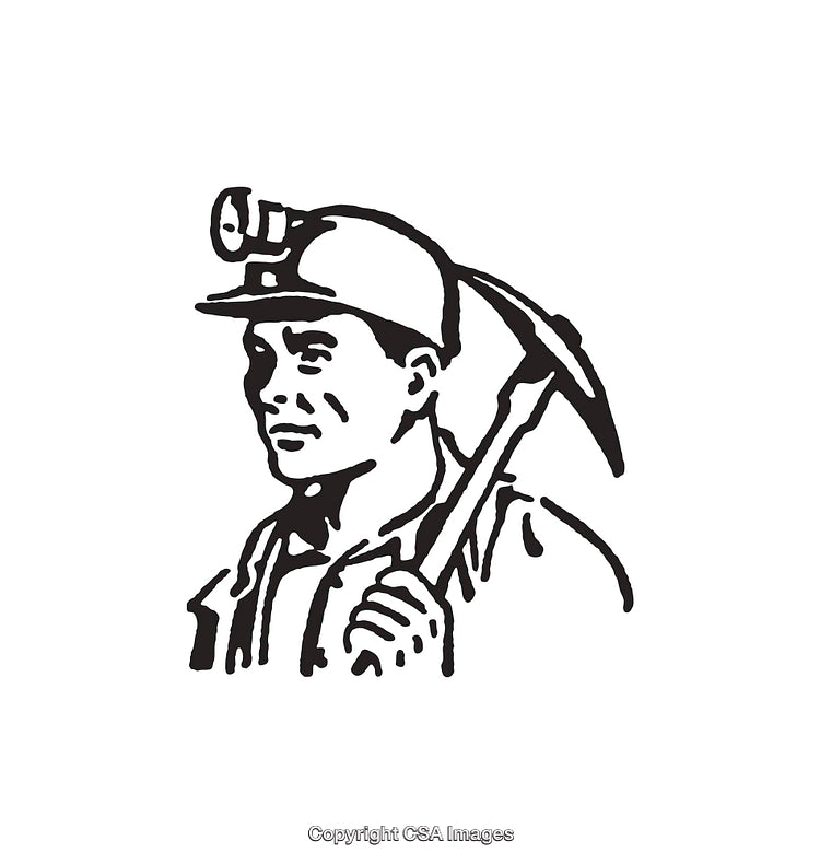 Black and White Illustration of a Miner With Tools and Safety Helmet