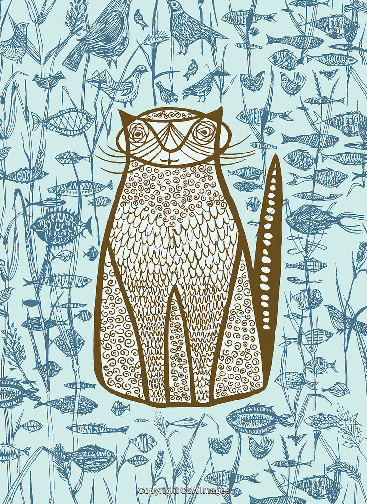 Whimsical Cat Illustration With Fish and Birds in an Artistic Patterned Style