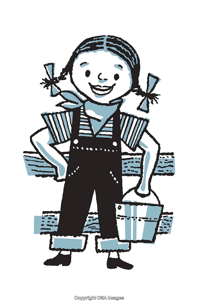 Vintage Cartoon Illustration of a Cheerful Girl in Overalls With a Bucket