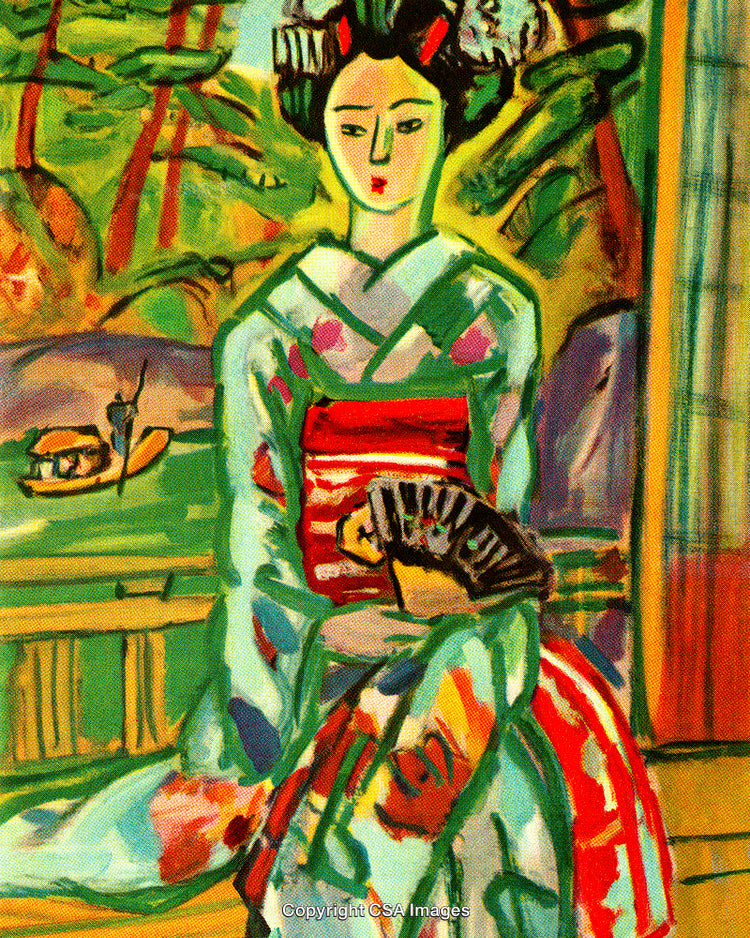 Expressionist Painting Depicting a Woman in Traditional Japanese Attire Holding a Fan