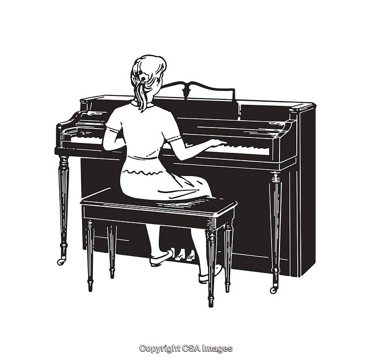 Black and White Line Art of a Woman Playing Piano in Retro Style