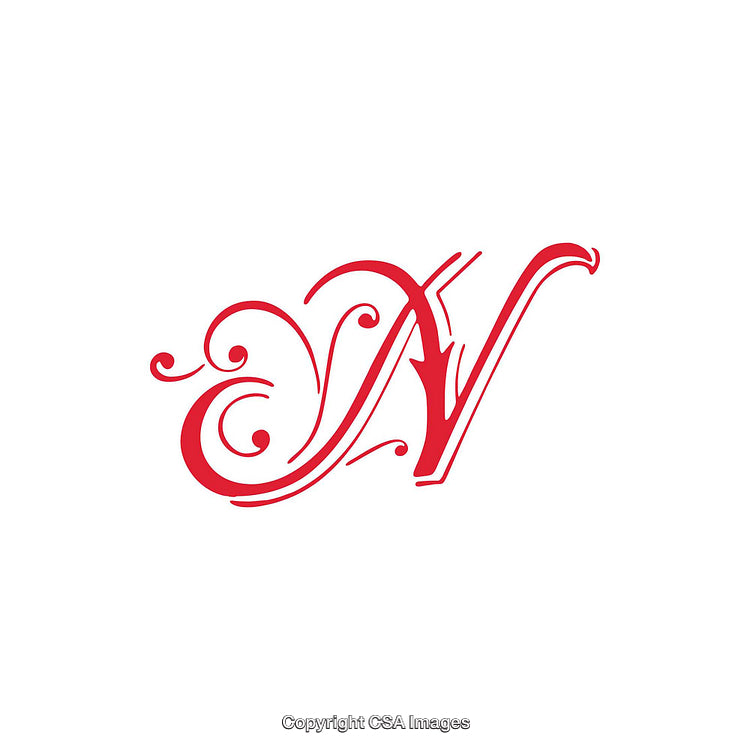 Ornate Red Letter N with Decorative Swirls on White Background