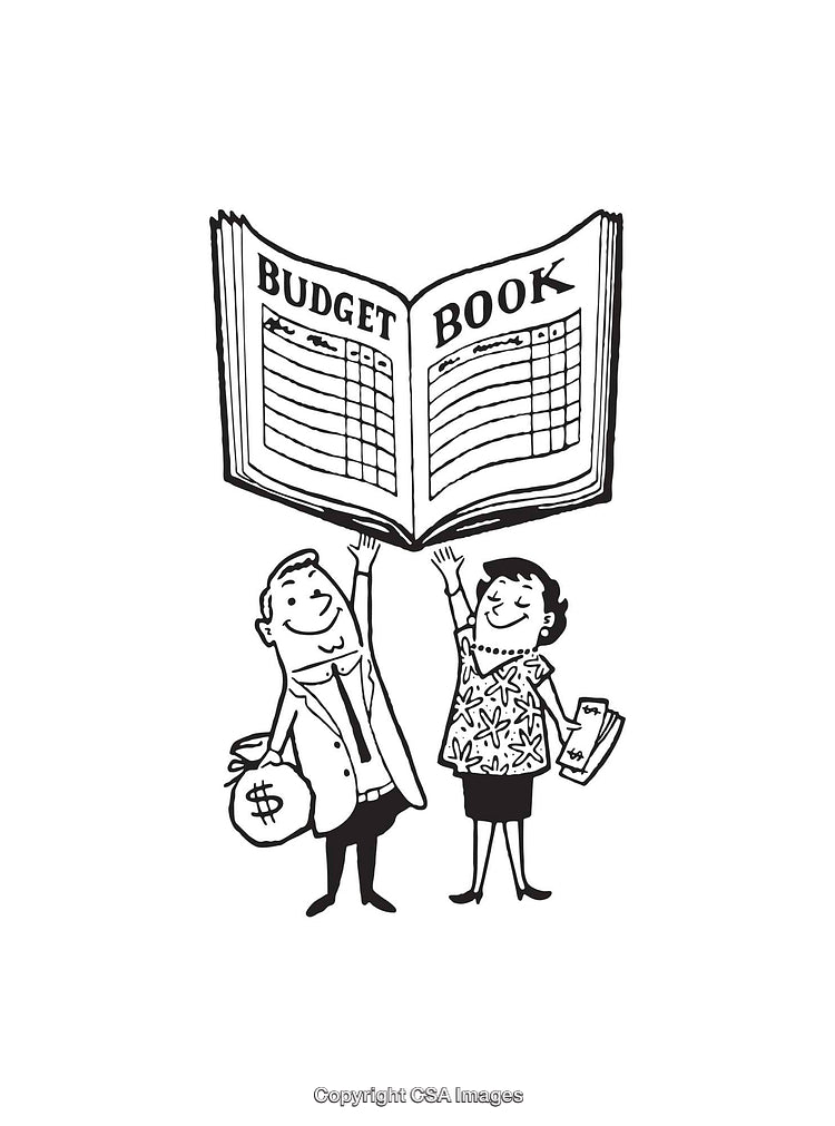 Retro Black and White Illustration of Budget Planning and Saving Money