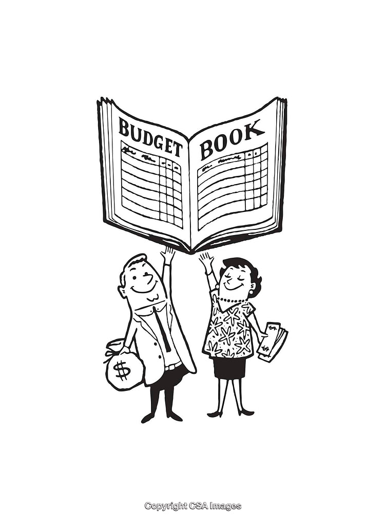 Retro Black and White Illustration of Budget Planning and Saving Money