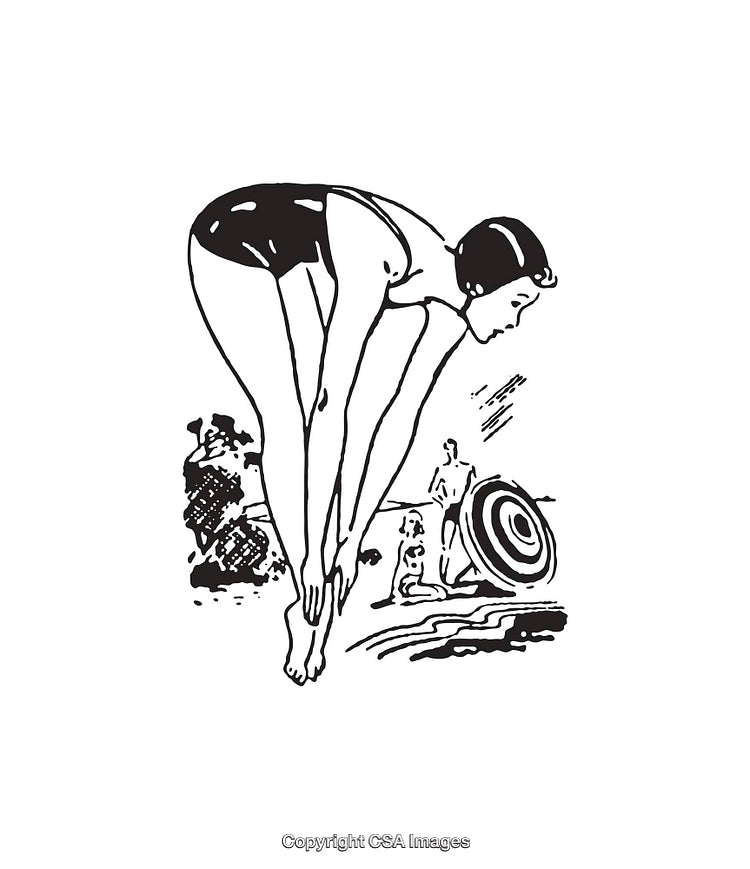Black and White Line Art of a Diver Preparing at the Beach