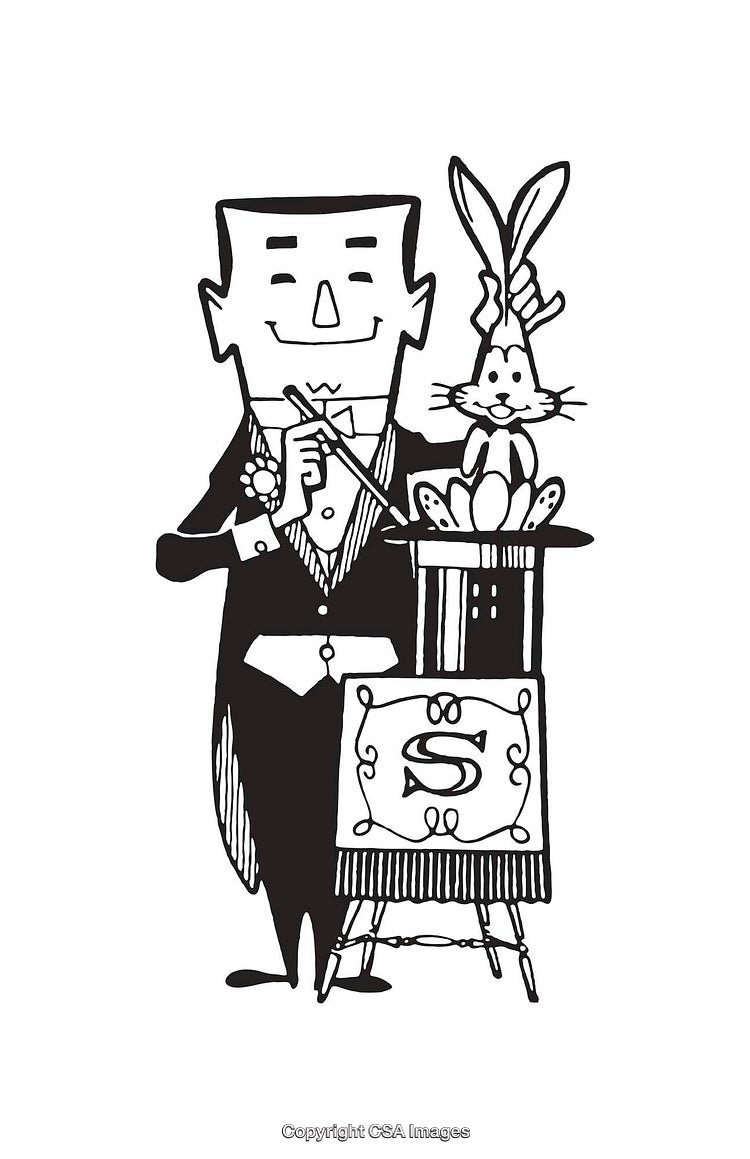 Magician Performing Classic Rabbit Hat Trick in Vintage Line Art