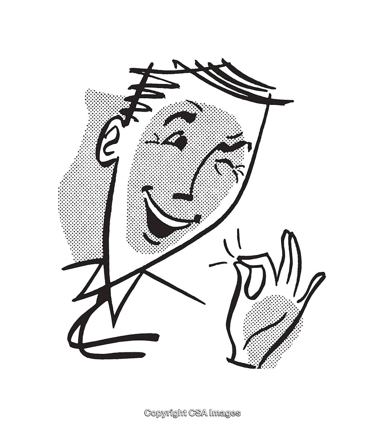 Expressive Black and White Retro Style Illustration of Cheerful Gesture
