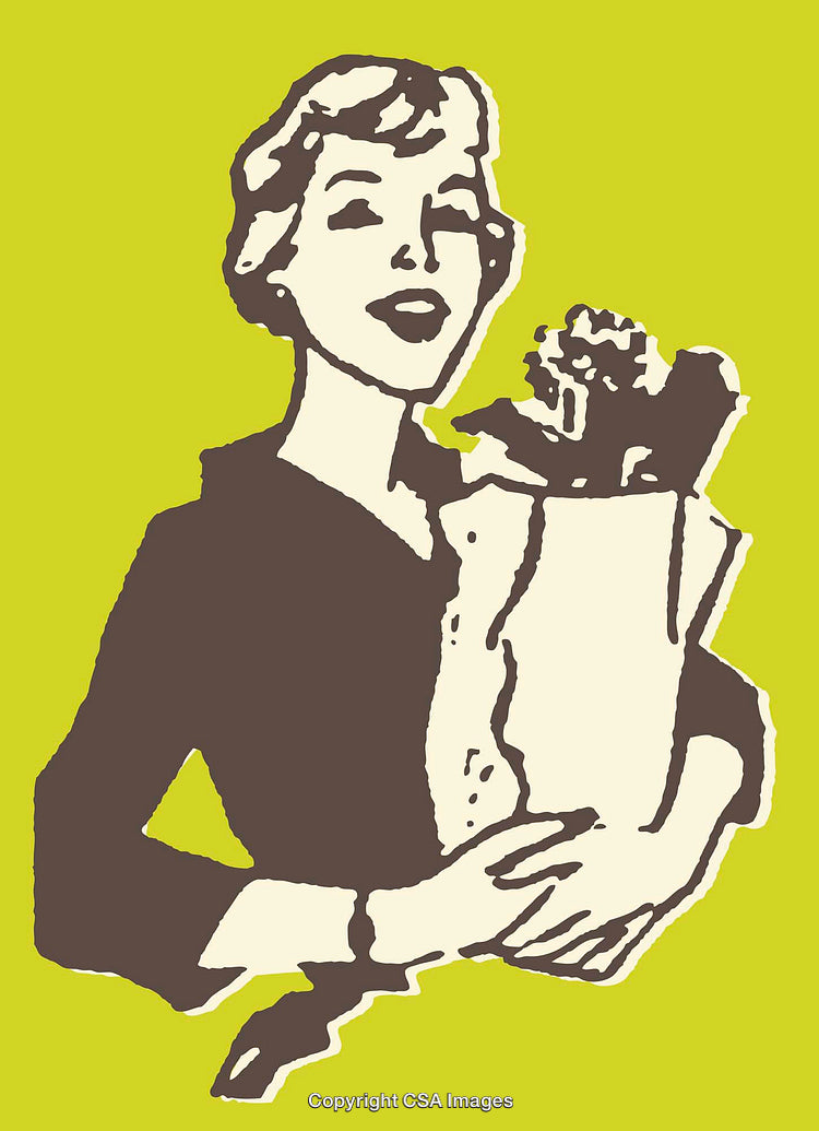 Retro Woman Holding Grocery Bag in Classic Pop Art Style